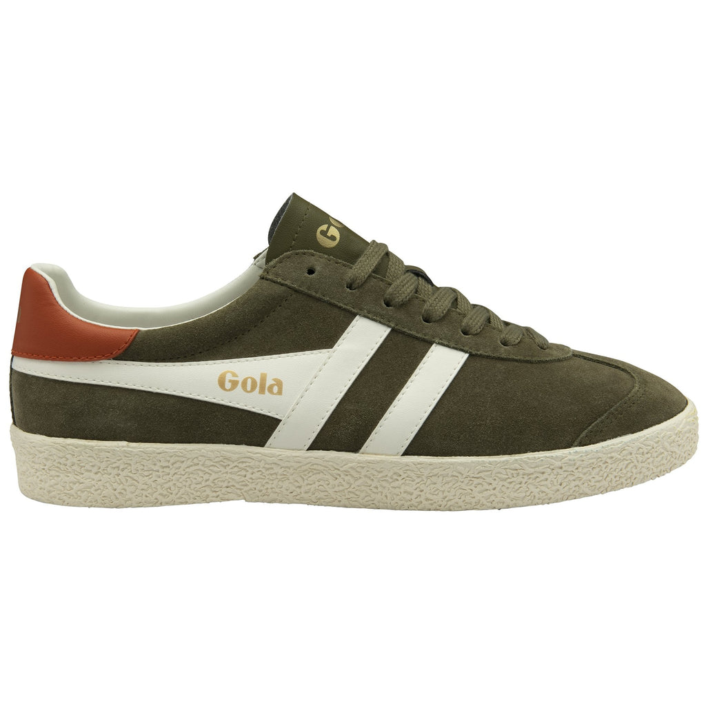 Side view of a single Gola men's sneaker in olive green with white stripes and brown heel.