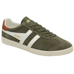 Side view of a single Gola men's sneaker in olive green with white stripes and brown heel.