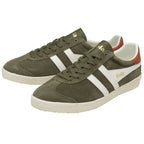 Pair of Gola men's sneakers in olive green with white stripes and brown heel accents.