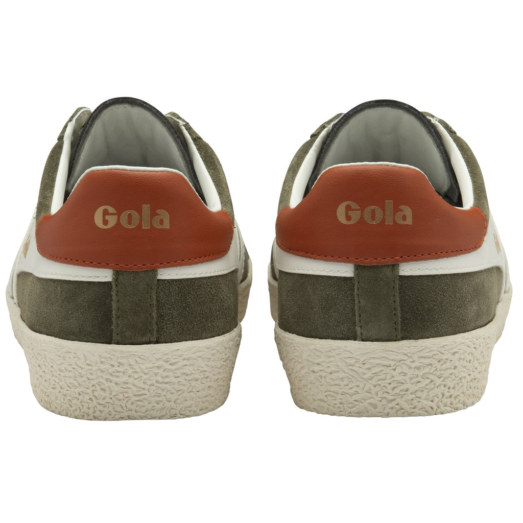 Back view of a pair of Gola men's sneakers showing brown heel tabs with the logo.