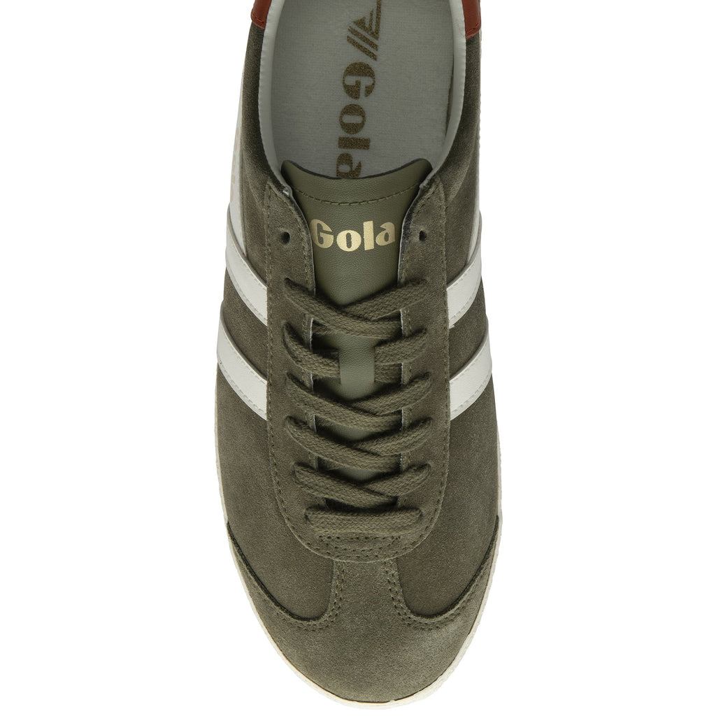 Top-down view of a single Gola men's sneaker in olive green with white stripes and laces.