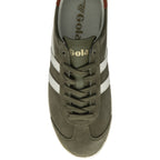 Top-down view of a single Gola men's sneaker in olive green with white stripes and laces.