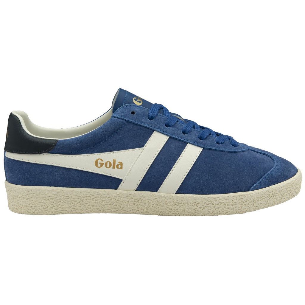 Side profile of a single blue Gola trainer with white stripes and a dark blue heel accent.