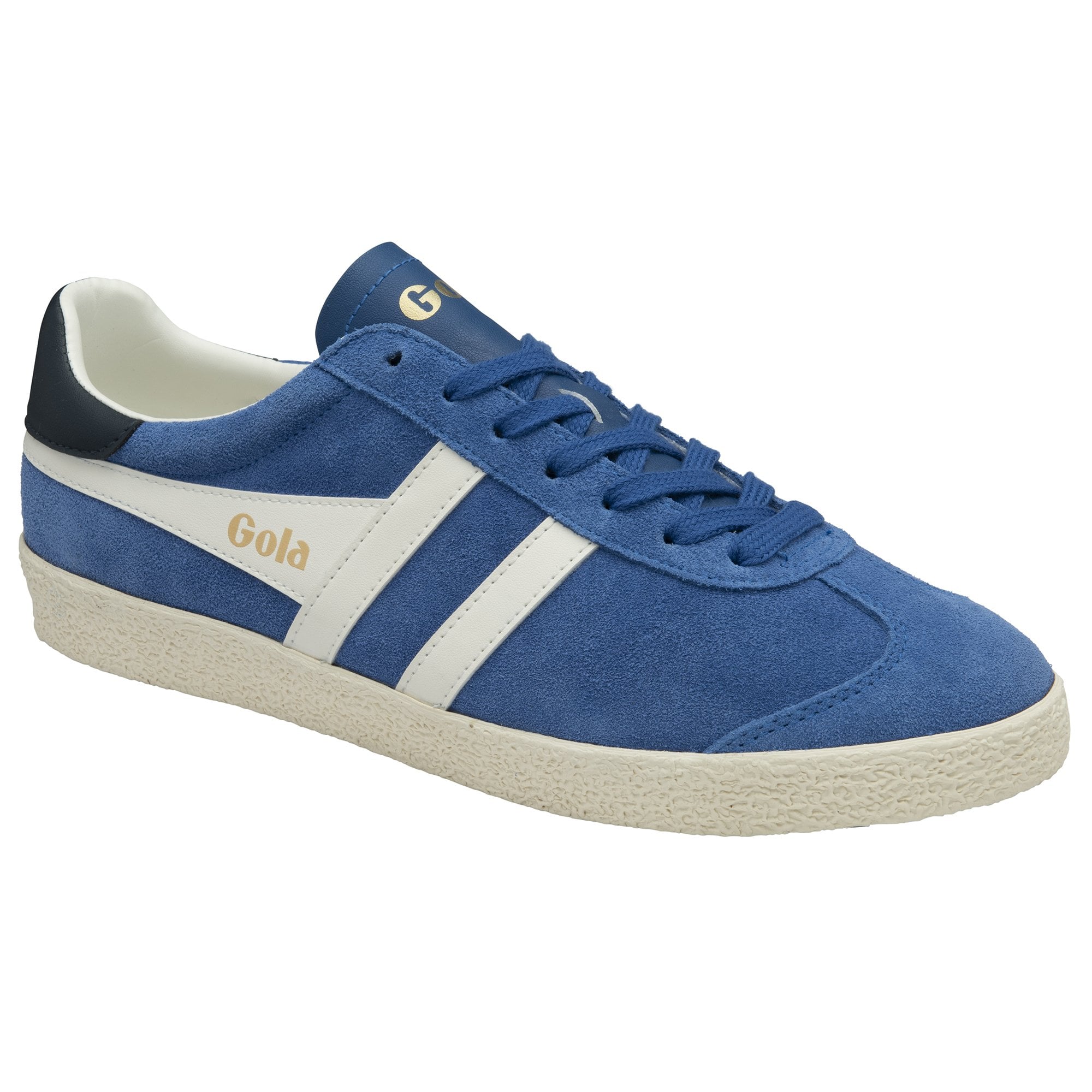 Side view of a blue Gola trainer with white stripes and a dark blue heel accent.