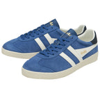Pair of blue Gola trainers with white stripes and dark blue heel accents.