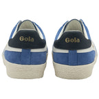 Rear view of a pair of blue Gola trainers with dark blue heel accents.