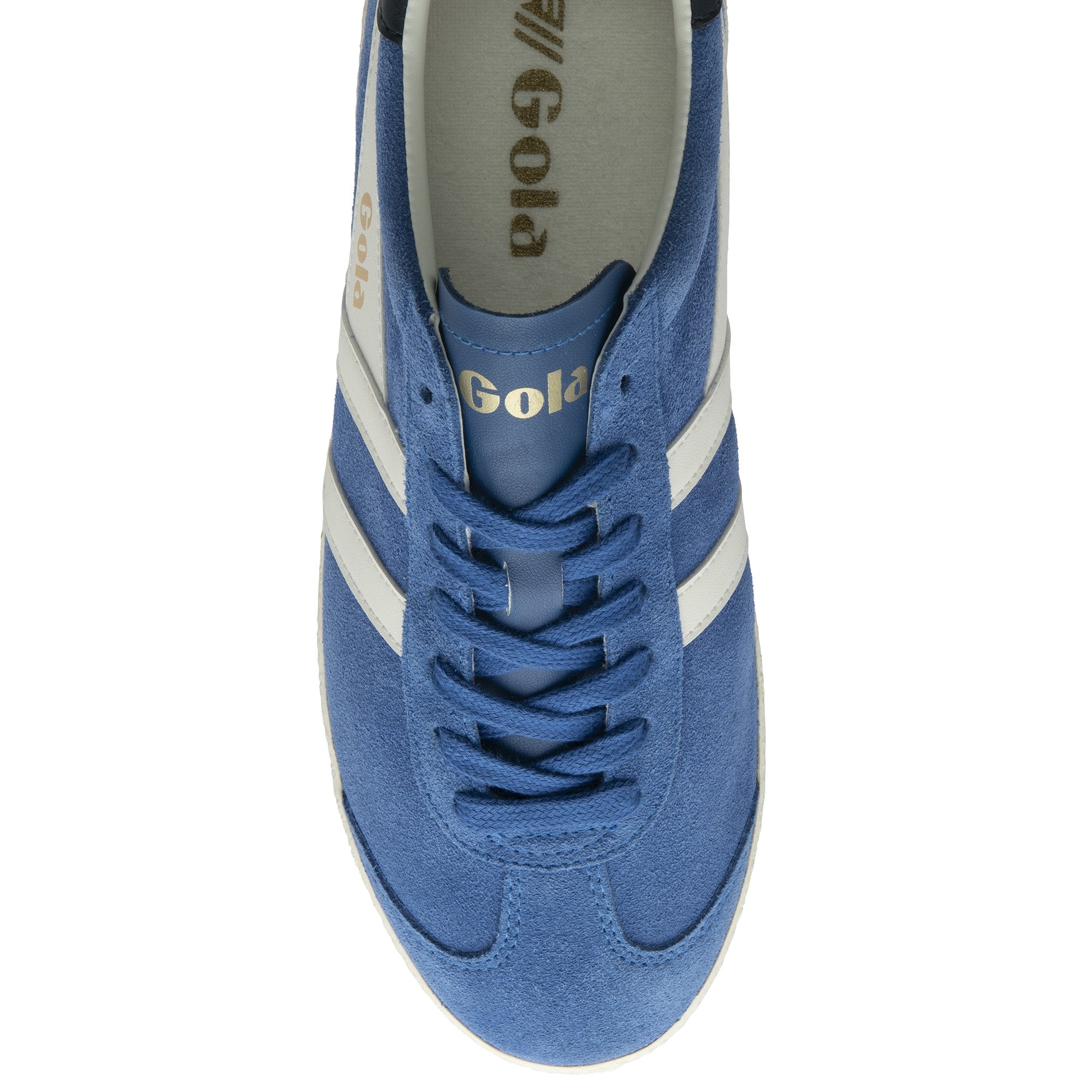 Top-down view of a single blue Gola trainer with white stripes and blue laces.