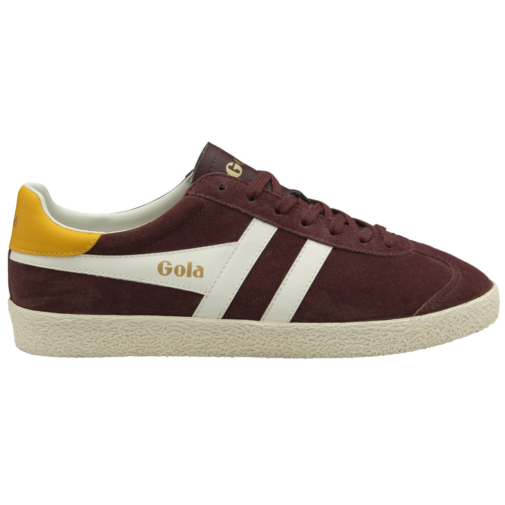 Side profile of a Gola Harrier suede trainer in maroon with white stripes and yellow heel.