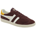 Side view of a Gola Harrier trainer in maroon suede, with white stripes and a yellow heel.