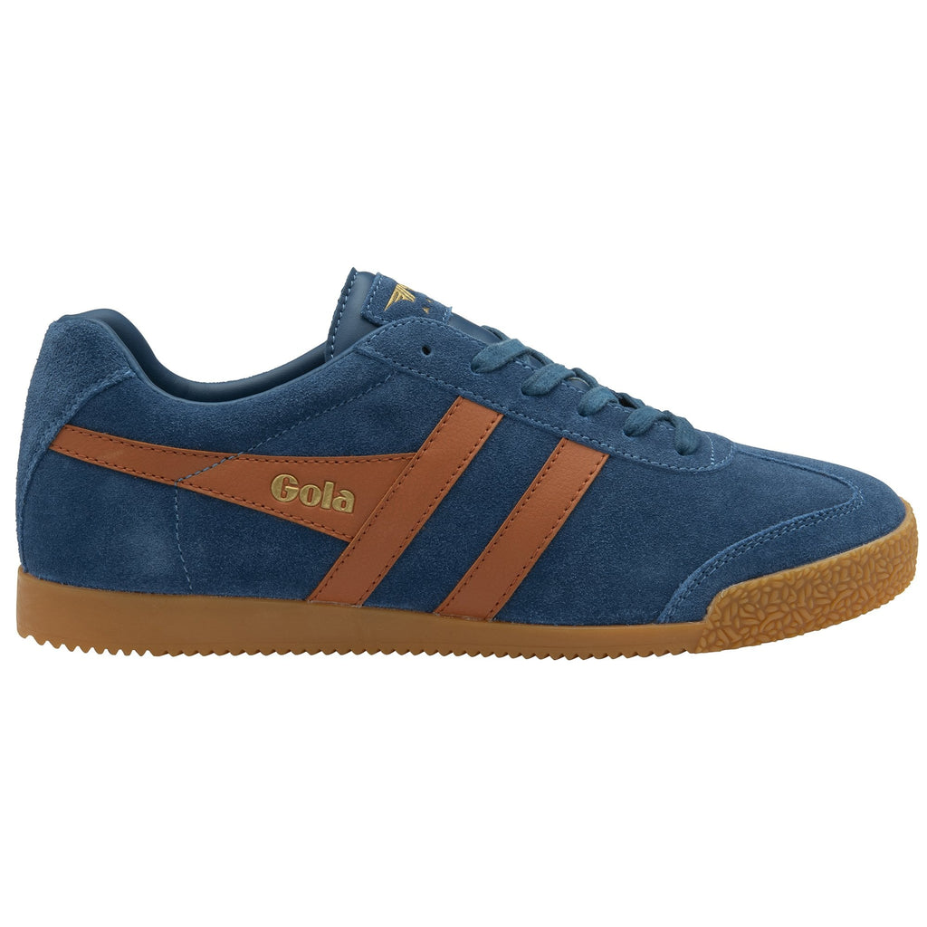 Side view of a single Gola men's sneaker in navy with brown stripes and a gum sole.