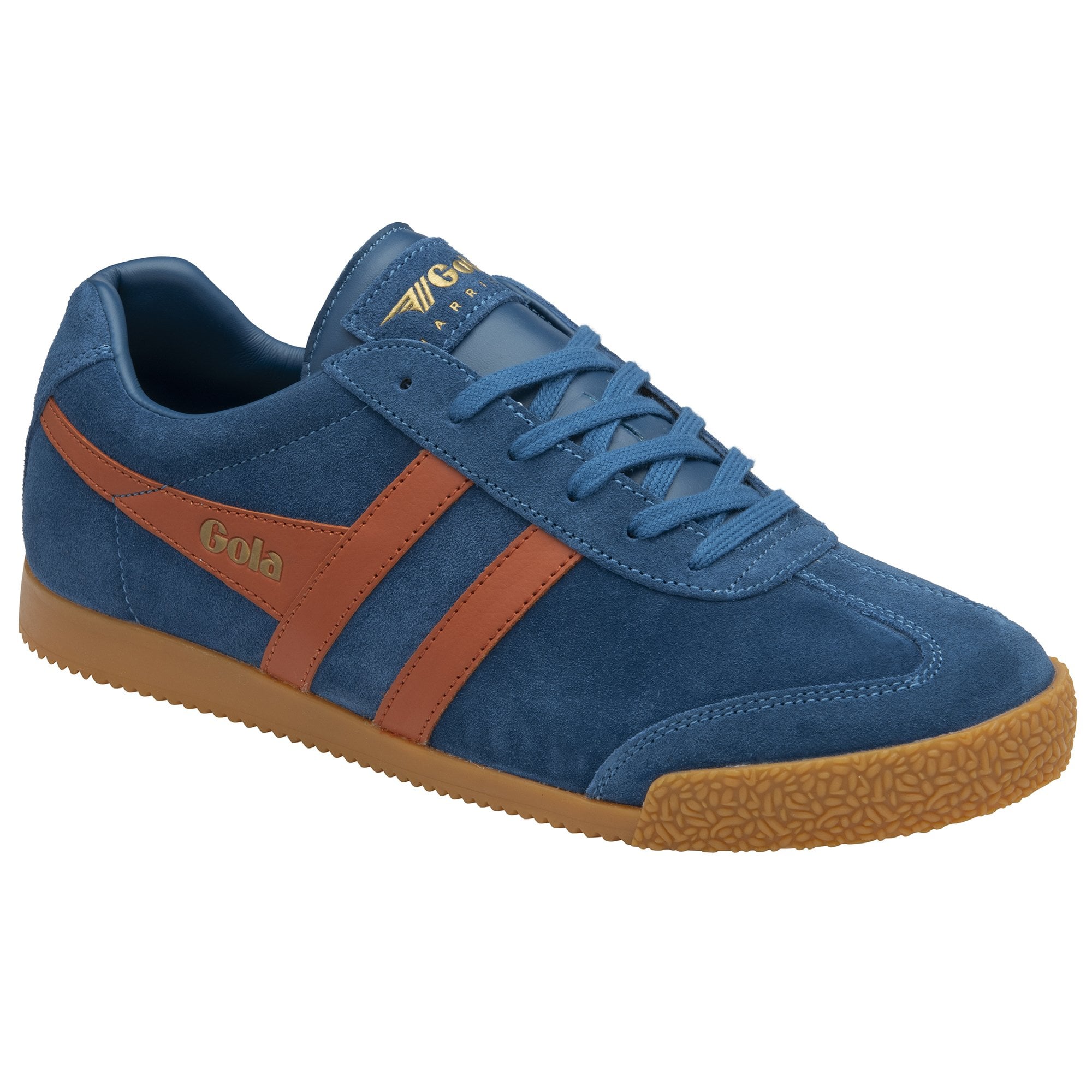 Angled view of a single Gola men's sneaker in navy with brown stripes and a gum sole.