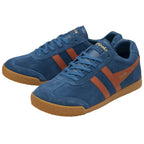 Pair of Gola men's sneakers in navy with brown stripes and gum soles, angled view.