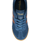 Top-down view of a single Gola men's navy sneaker with brown stripes and gum sole.