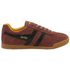 A right Gola men's Harrier Suede trainer in burgundy with black stripes and a gum sole.