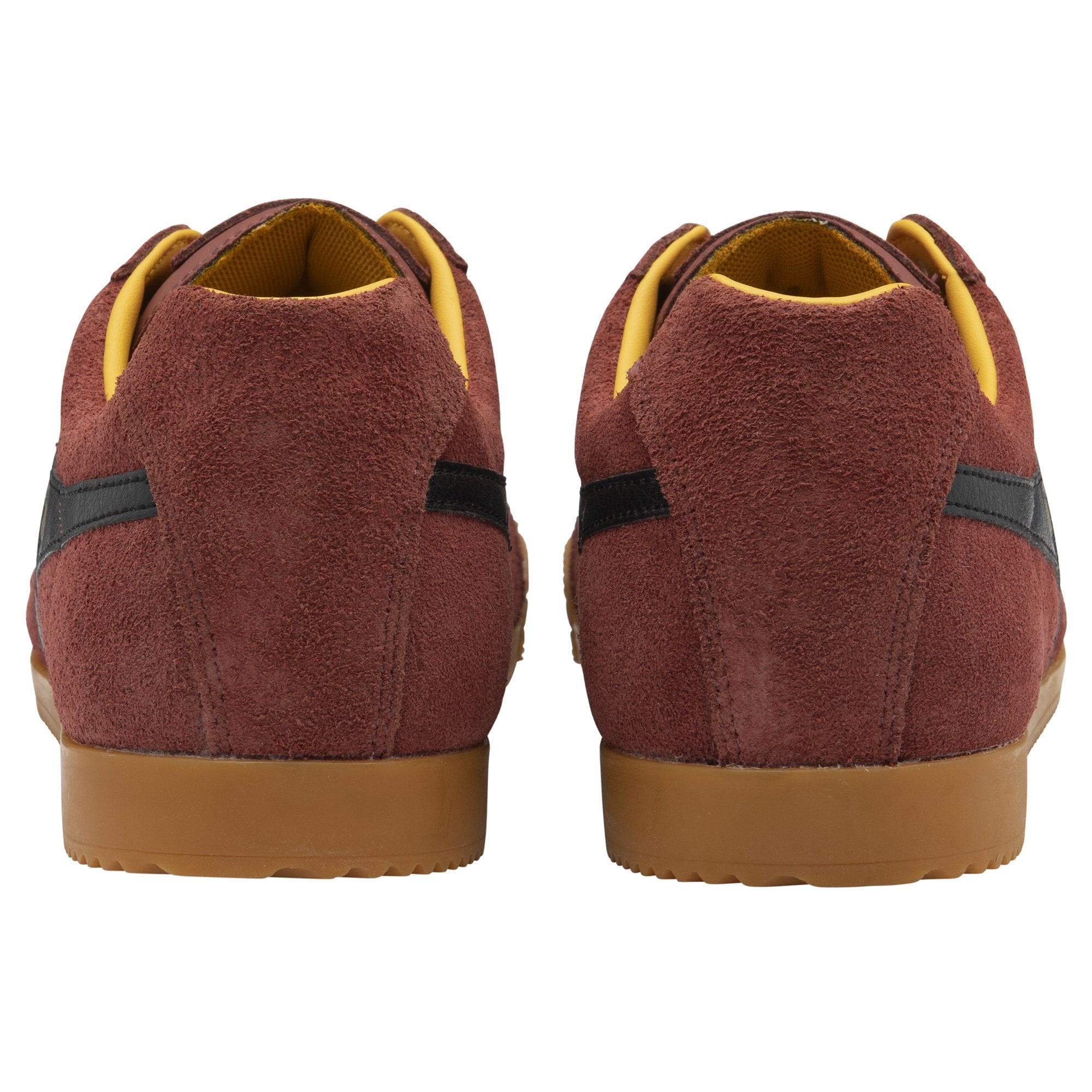 The back view of a pair of Gola men's Harrier Suede trainers with burgundy suede and gum soles.