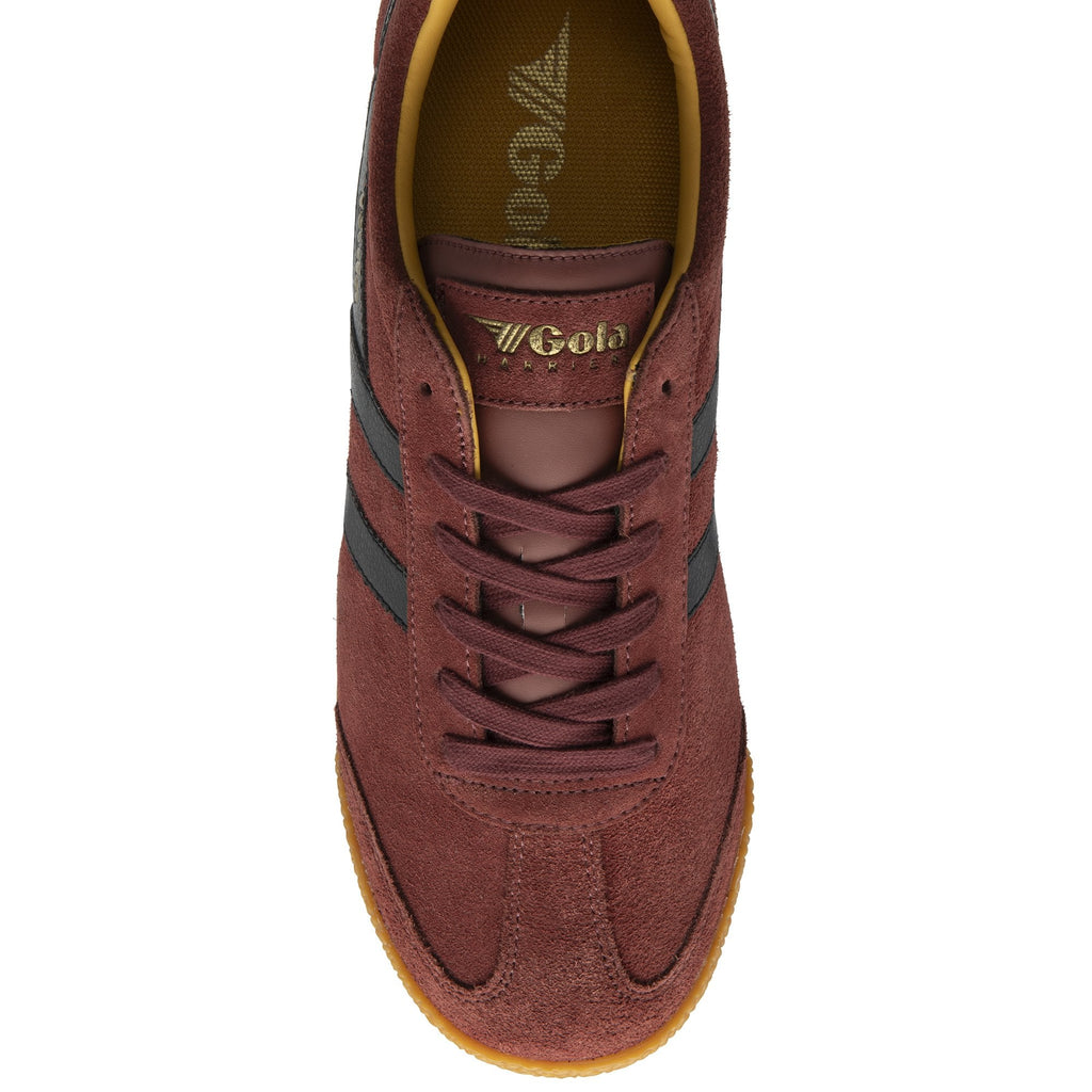 The top view of a Gola men's Harrier Suede trainer in burgundy with black stripes.