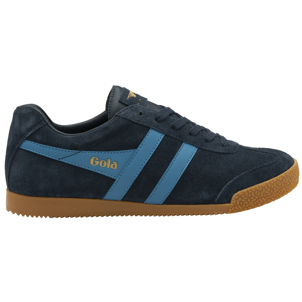 A single Gola Harvard shoe, blue suede with light blue stripes and a gum sole, shown from the side.