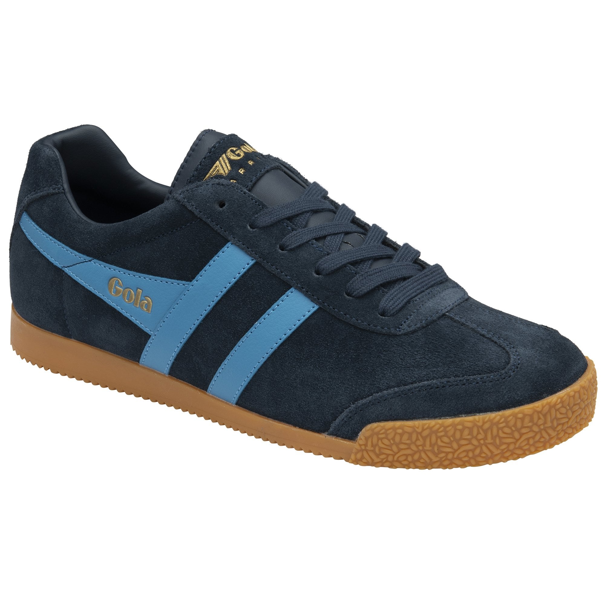 A single Gola Harvard shoe, blue suede with light blue stripes and a gum sole, shown from an angle.