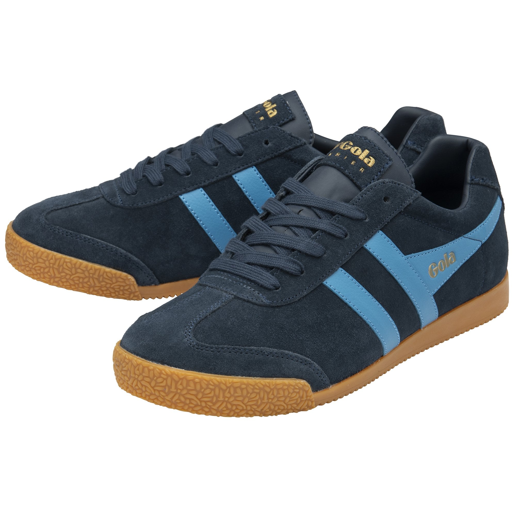 A pair of Gola Harvard shoes, blue suede with light blue stripes and gum soles.