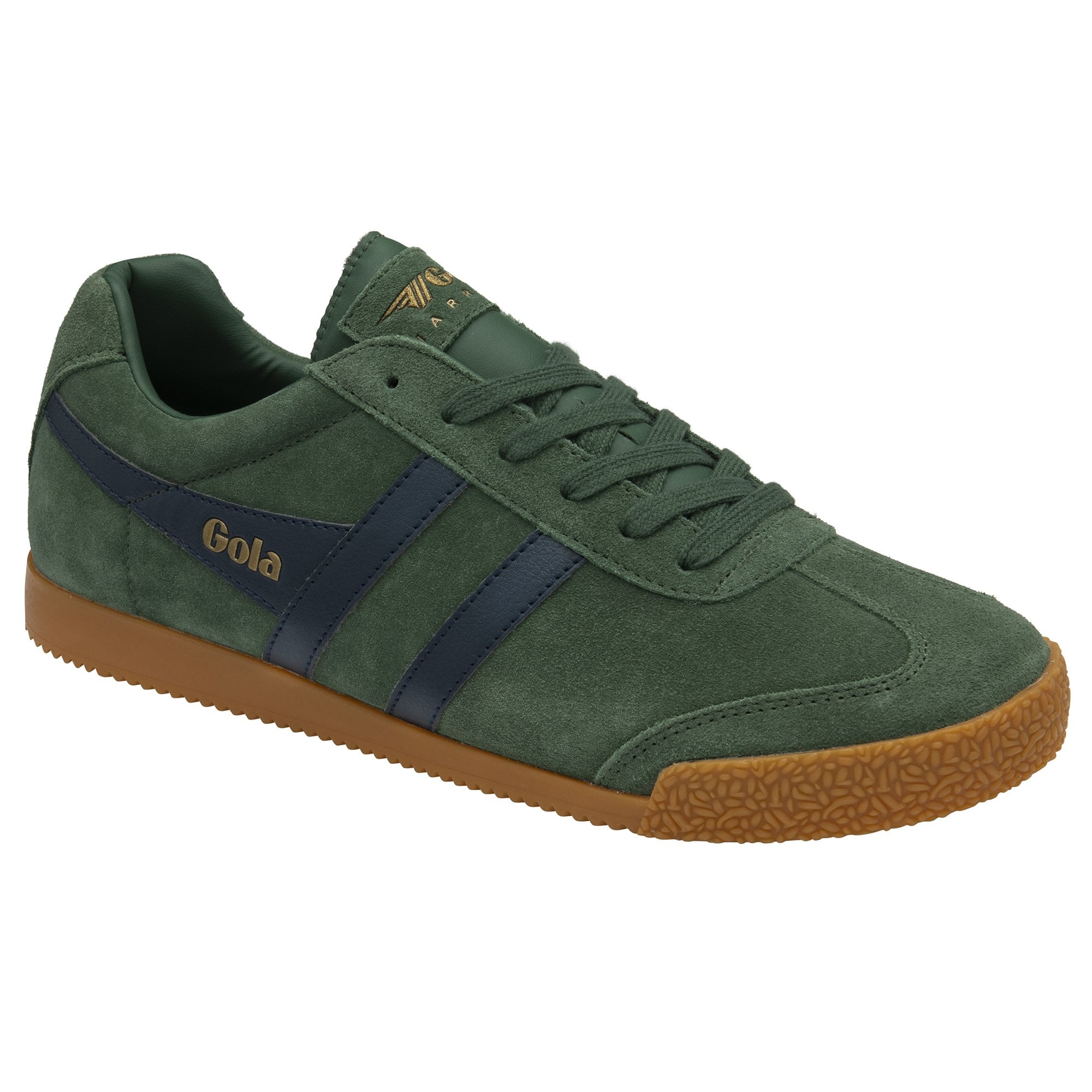A close-up view of the Gola men's Harrier suede trainers in green.