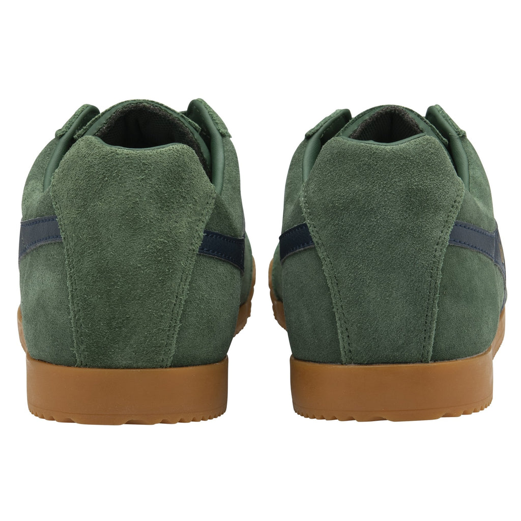 Rear view of a pair of Gola men's Harrier suede trainers in green.