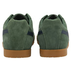 Rear view of a pair of Gola men's Harrier suede trainers in green.