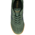 Top down view of a Gola men's Harrier suede trainer in green.