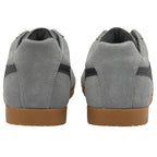 The back of two gray Gola sneakers with dark gray stripes and brown soles.