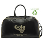 Black Gola sports bag with gold trim and logo, with a green recycled symbol in the top right corner