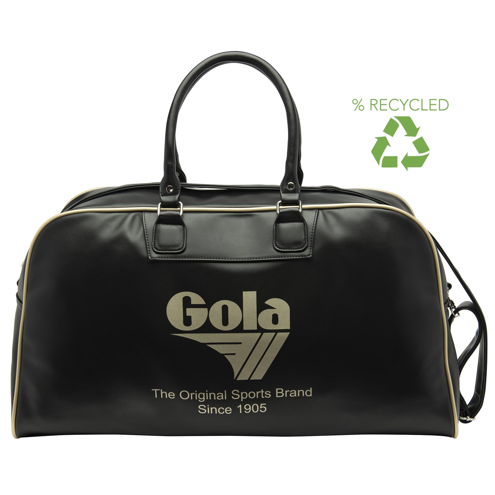 Black Gola sports bag with gold trim and logo, with a green recycled symbol in the top right corner