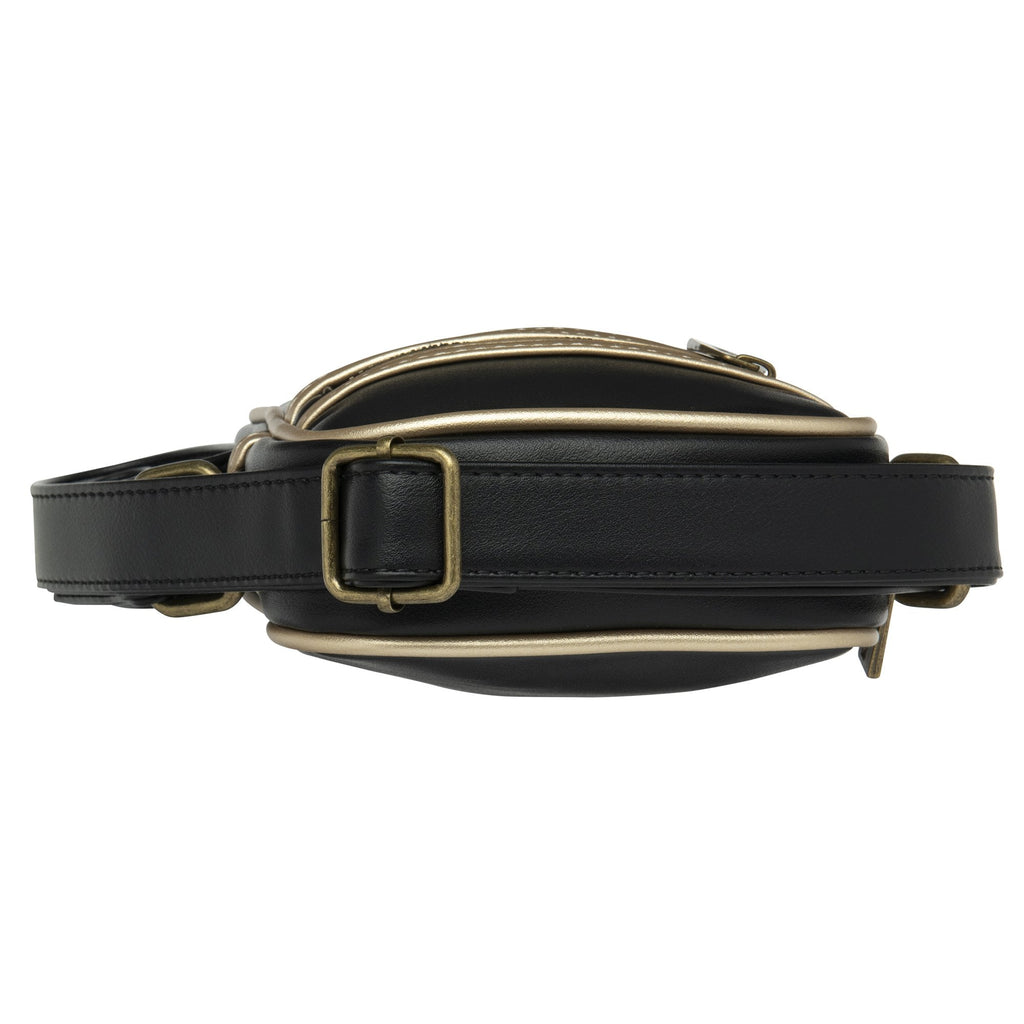 Top view of a black Gola shoulder bag with gold piping and a metal buckle.