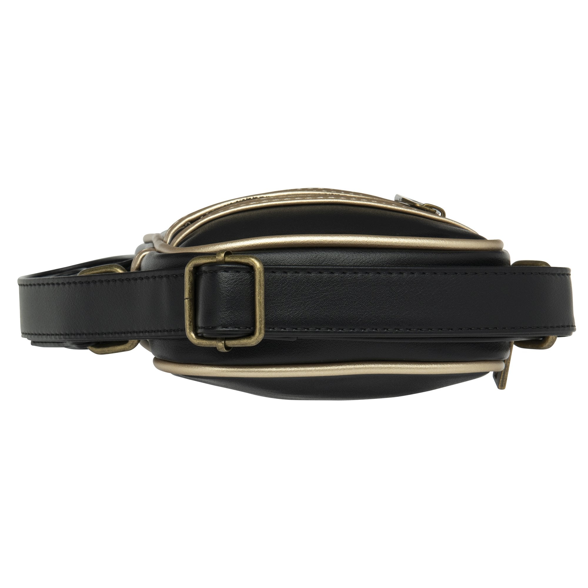 Top view of a black Gola shoulder bag with gold piping and a metal buckle.