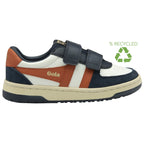 A white, navy, and tan Gola sneaker with two velcro straps and a recycled symbol.