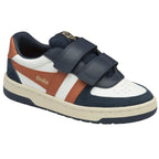 A white, navy, and tan Gola sneaker with two velcro straps.