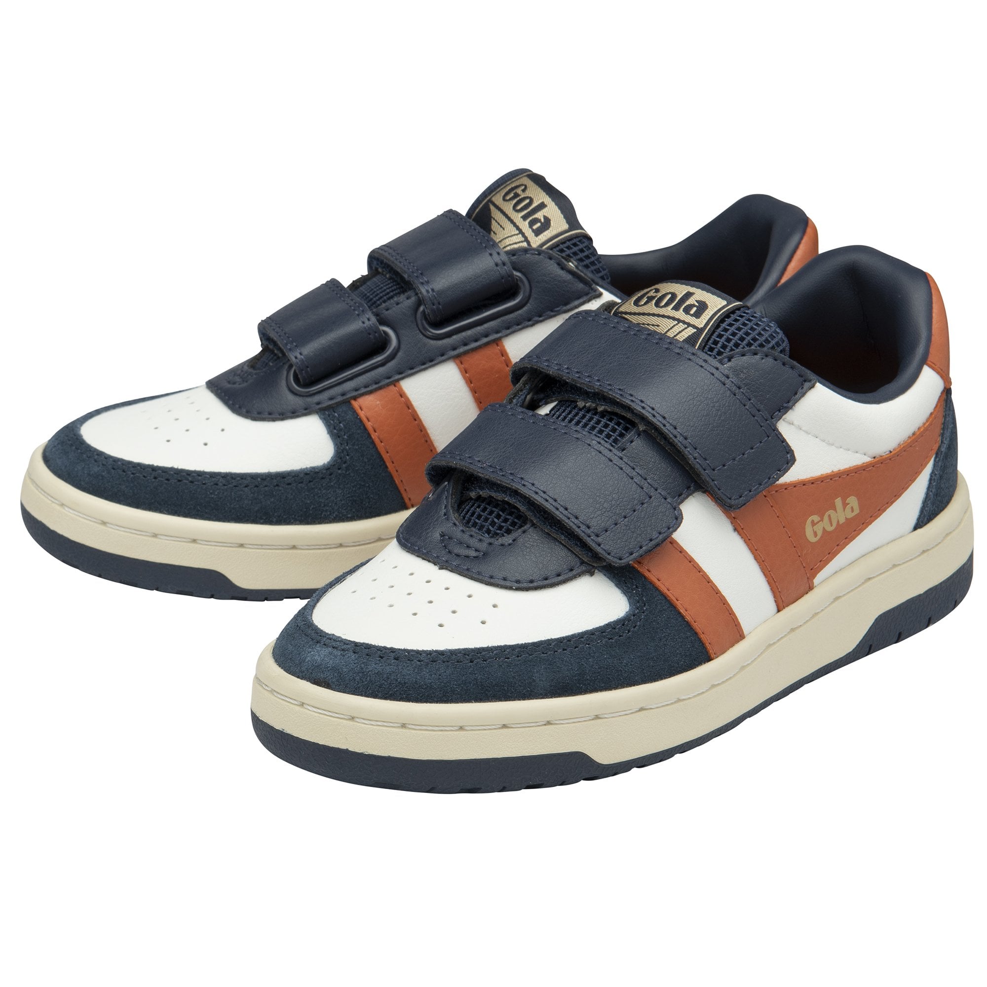 A pair of white, navy, and tan Gola sneakers with two velcro straps.