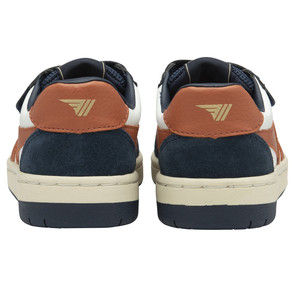 Rear view of two white, navy, and tan Gola sneakers.