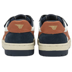 Rear view of two white, navy, and tan Gola sneakers.