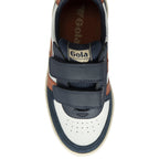 Top down view of a white, navy, and tan Gola sneaker with two velcro straps.
