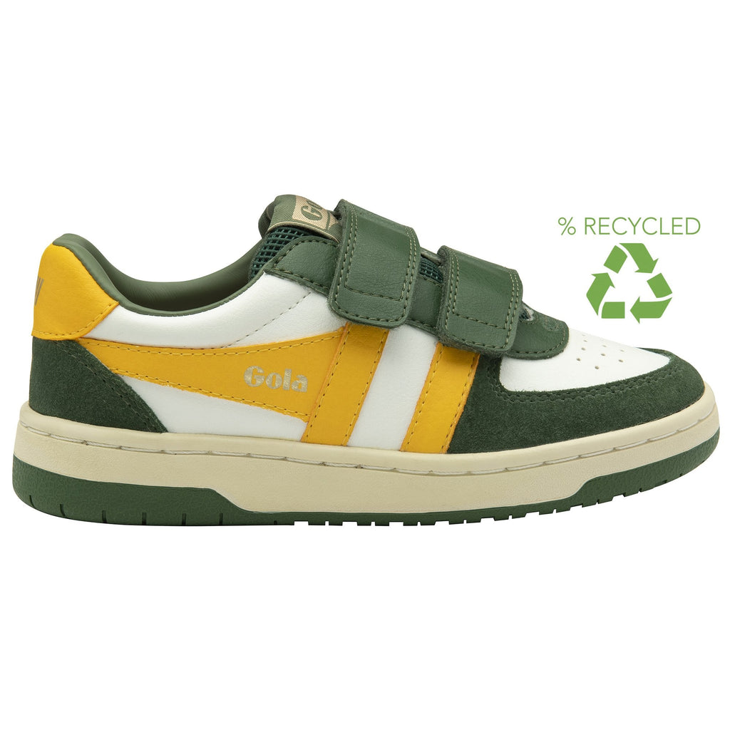 A recycled kids' trainer in green, yellow, and white with two green straps.