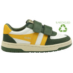 A recycled kids' trainer in green, yellow, and white with two green straps.
