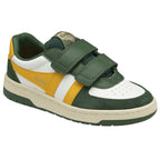 A single green, yellow, and white kids' trainer with two green velcro straps.
