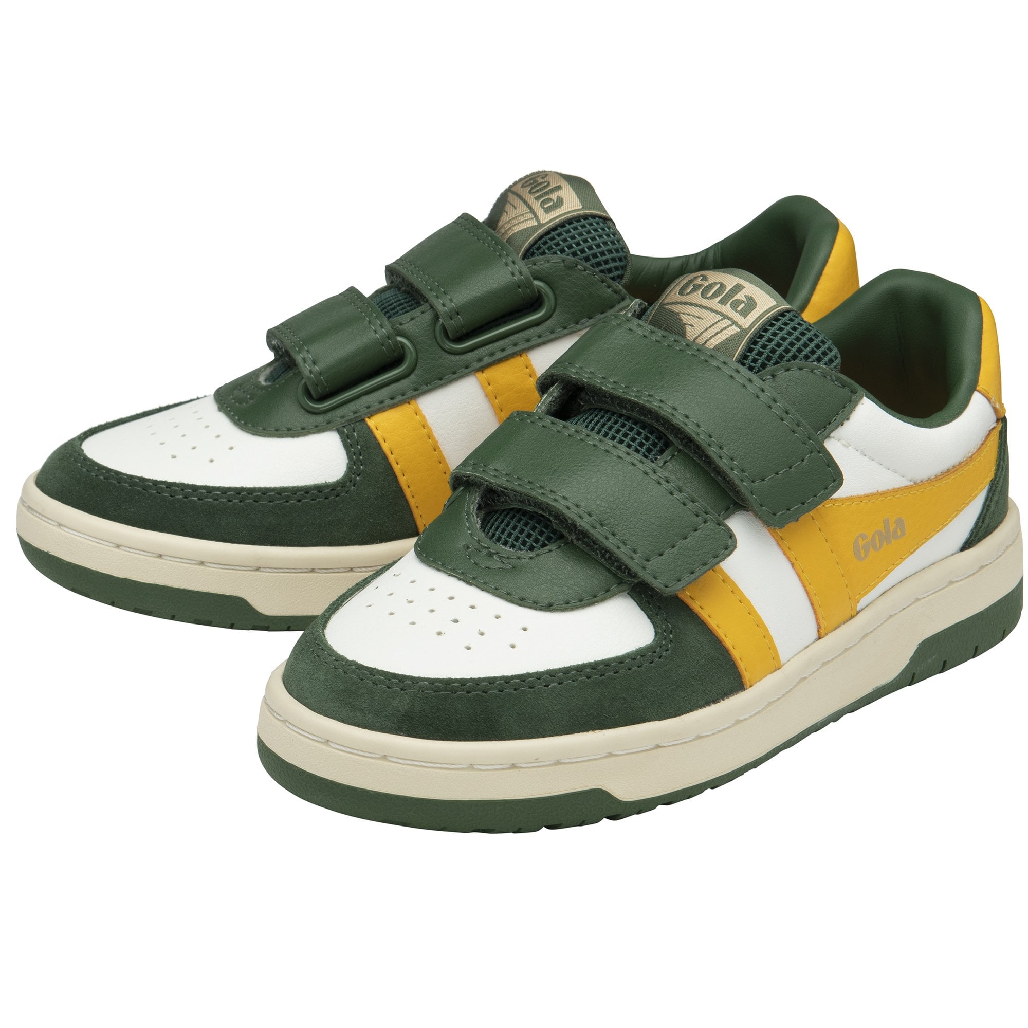 A pair of green, yellow, and white kids' trainers with two green velcro straps.