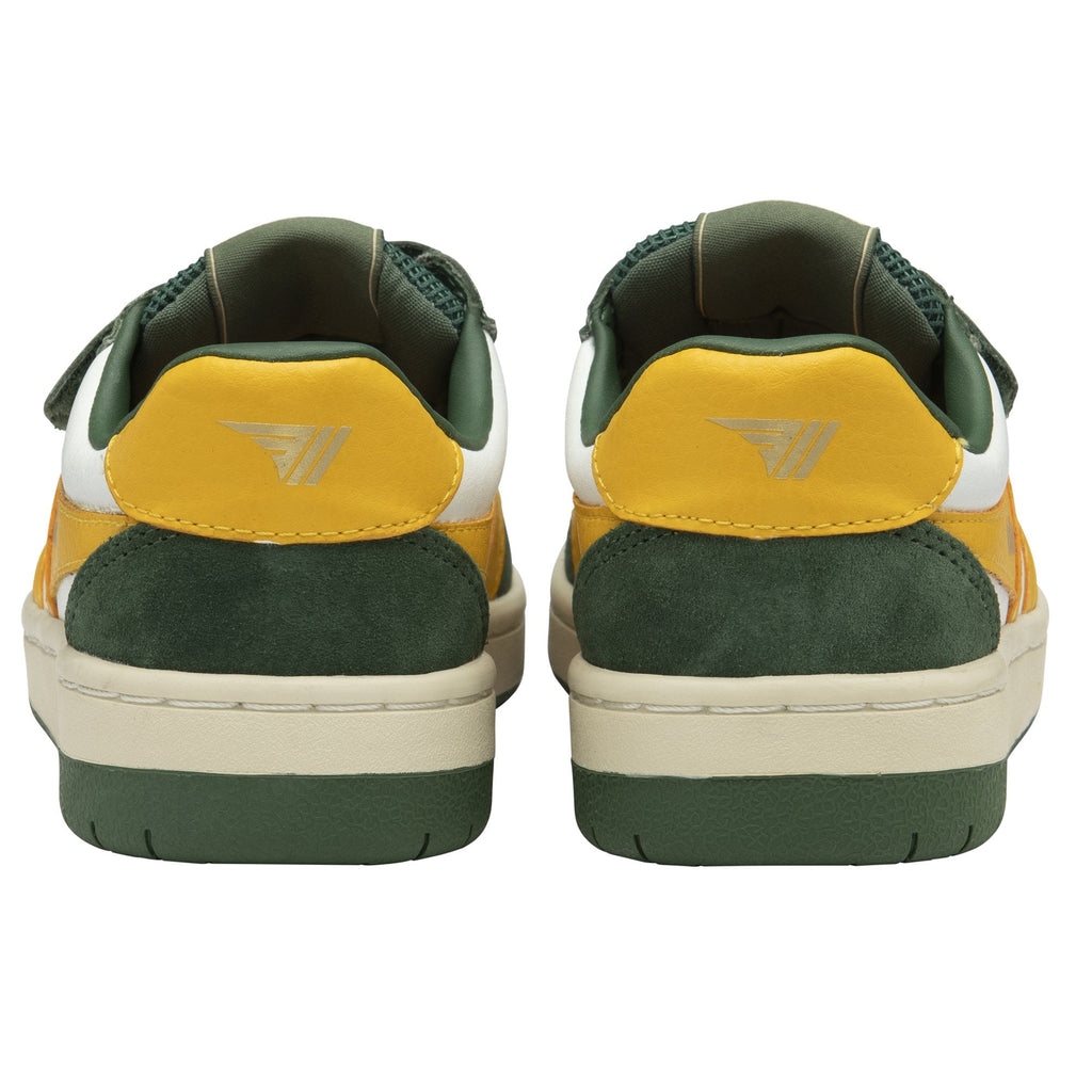 The rear view of a pair of green, yellow, and white kids' trainers.