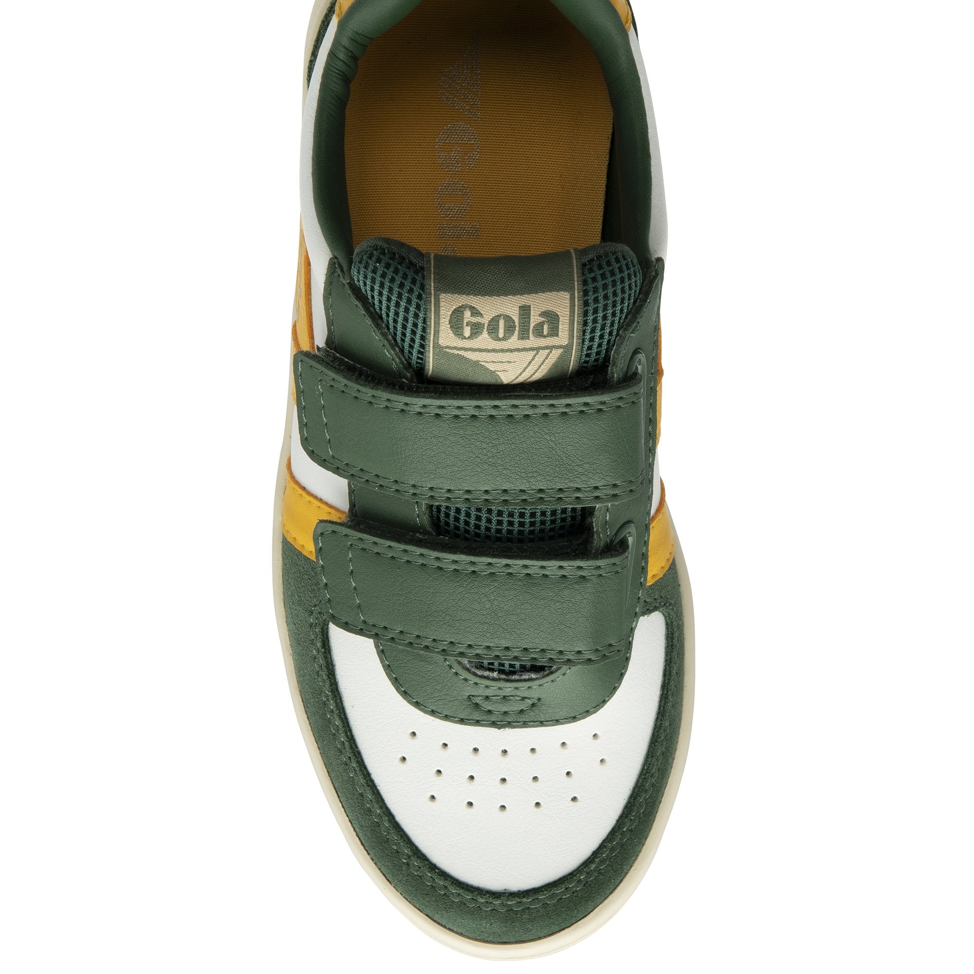 The top-down view of a single green, yellow, and white kids' trainer.