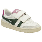 Side view of a white Gola children's sneaker with green stripes and pink accents.