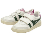Pair of white Gola children's sneakers with green stripes and pink accents.
