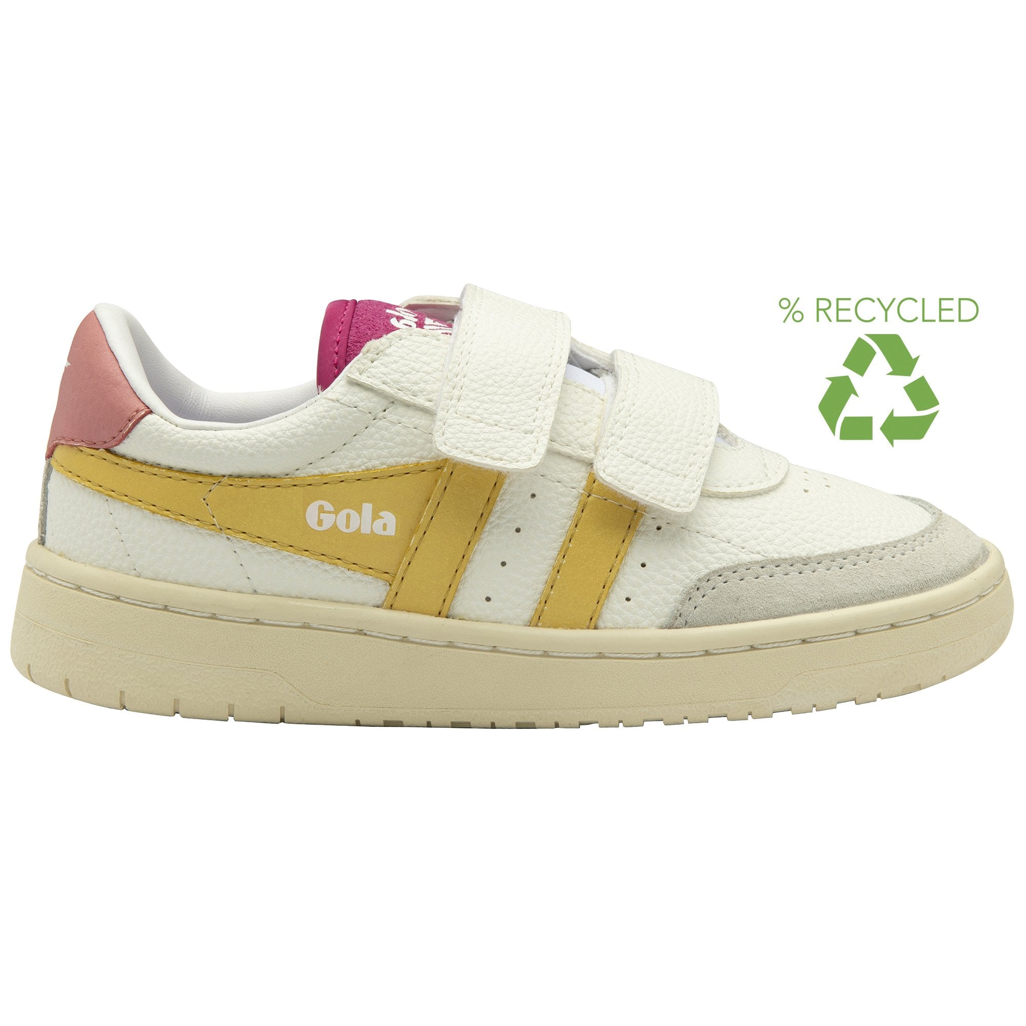 A recycled symbol next to a white Gola sneaker with yellow stripes and pink accents.
