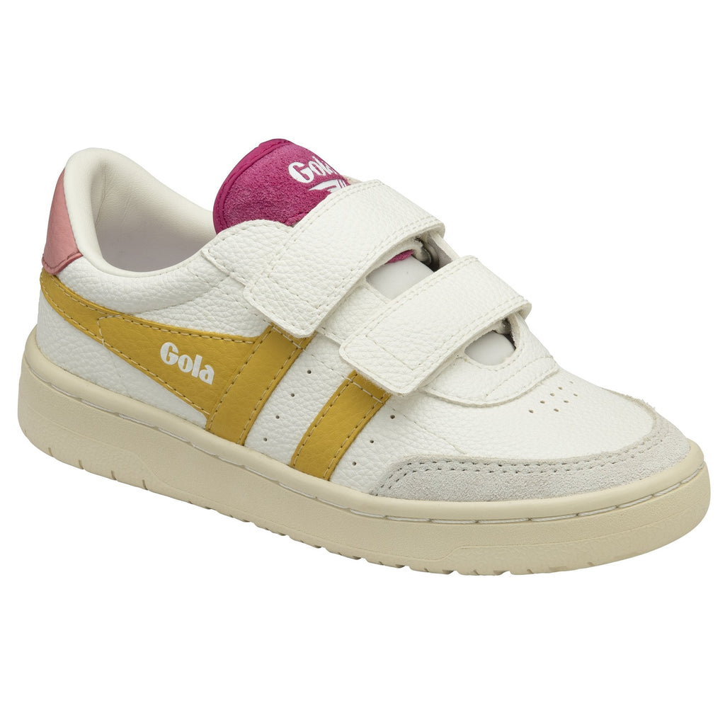 A white Gola sneaker with yellow stripes, pink accents, and two velcro straps.