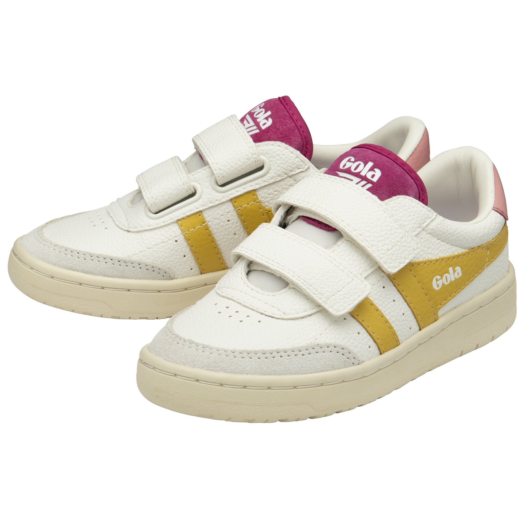 A pair of white Gola sneakers with yellow stripes, pink accents, and velcro straps.
