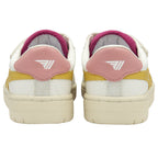Rear view of two white Gola sneakers with pink heels and yellow stripe details.
